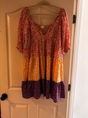 Colorblock Floral Tiered Boho Dress - Red, Yellow, Purple